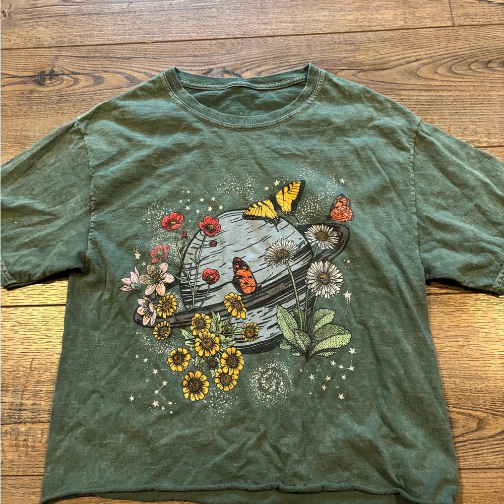 Green Shirt with Planet and Butterfly Design